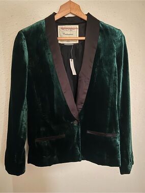 Anthropology NWT Forest Green Velvet Blazer with Satin Trim